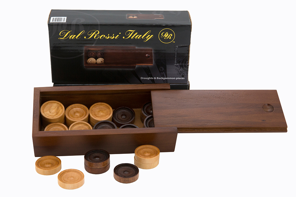 Checkers/Draughts/Backgammon Pieces In Wooden Box (30 Pieces, 28mm)