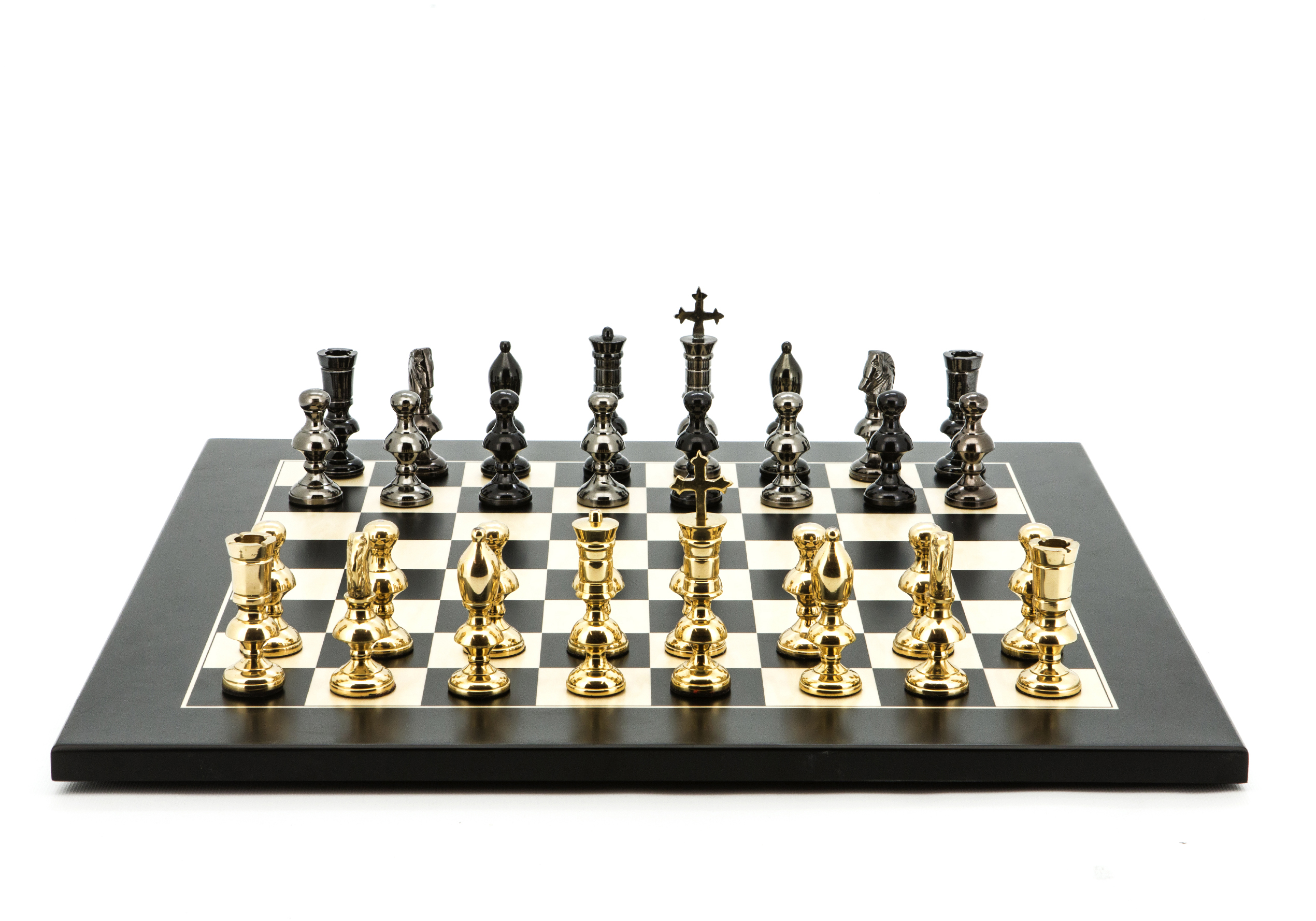 Dal Rossi Italy Chess Set Flat Black/Erable Board 50cm, With Metal Dark Titanium and Gold Chessmen 110mm