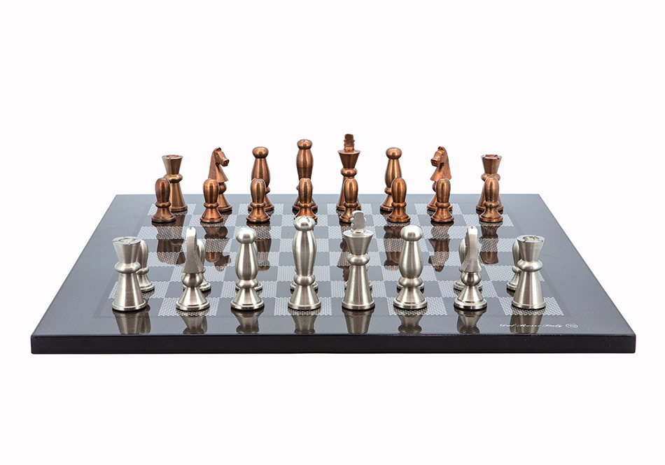 Dal Rossi Italy Chess Set Carbon Fibre Finish Flat Board 50cm, With Copper and Silver Weighted Metal Chess Pieces 85mm pieces