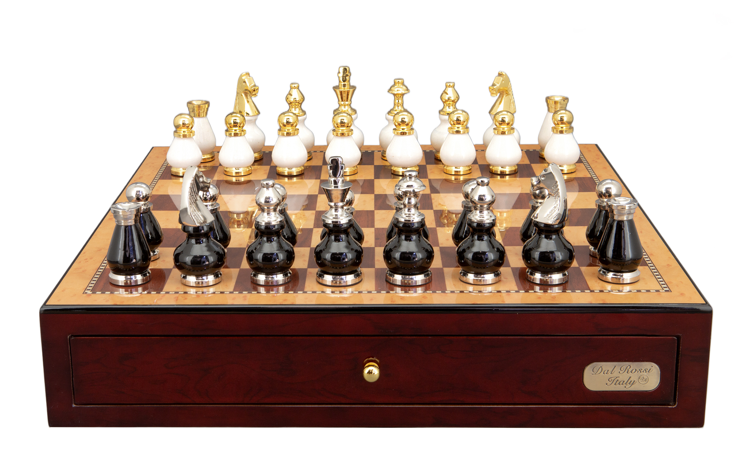 Dal Rossi Italy, Black and White with Gold and Silver Tops and Bottoms Chessmen 90mm on a Shiny Mahogany Chess Box with two Drawers 18"