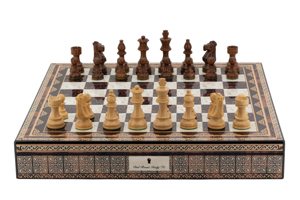 Dal Rossi Italy Chess Box Mosaic Finish 20" with compartments with Staunton Wooden 95mm Double weighted Chess pieces