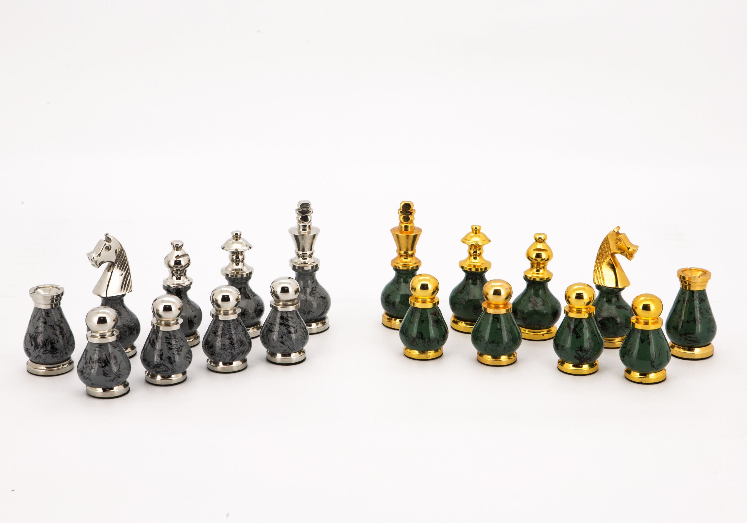 Dal Rossi Italy, Gray and Green with Gold and Silver Tops and Bottoms Chessmen 90mm