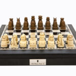 Dal Rossi Italy Black PU Leather Bevilled Edge chess box with compartments 18" with Medieval Resin Chessmen