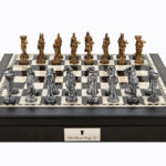 Dal Rossi Italy Black PU Leather Bevilled Edge chess box with compartments 18" with Medieval Pewter Chessmen