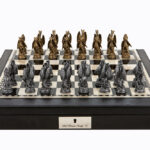 Dal Rossi Italy Black PU Leather Bevilled Edge chess box with compartments 18" with Dragon Pewter Chessmen