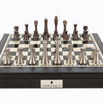 Dal Rossi Italy Black PU Leather Bevilled Edge chess box with compartments 18" with Contemporary Metal Chessmen