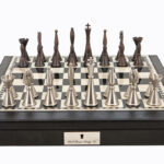 Dal Rossi Italy Black PU Leather Bevilled Edge chess box with compartments 18" with Staunton Metal Chessmen