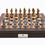 Dal Rossi Italy Brown PU Leather Bevilled Edge chess box with compartments 18" with Medieval Pewter GA Chessmen