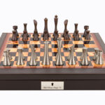 Dal Rossi Italy Brown PU Leather Bevilled Edge chess box with compartments 18" with Contemporary Metal Chessmen