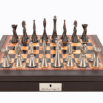Dal Rossi Italy Brown PU Leather Bevilled Edge chess box with compartments 18″ with Staunton Metal