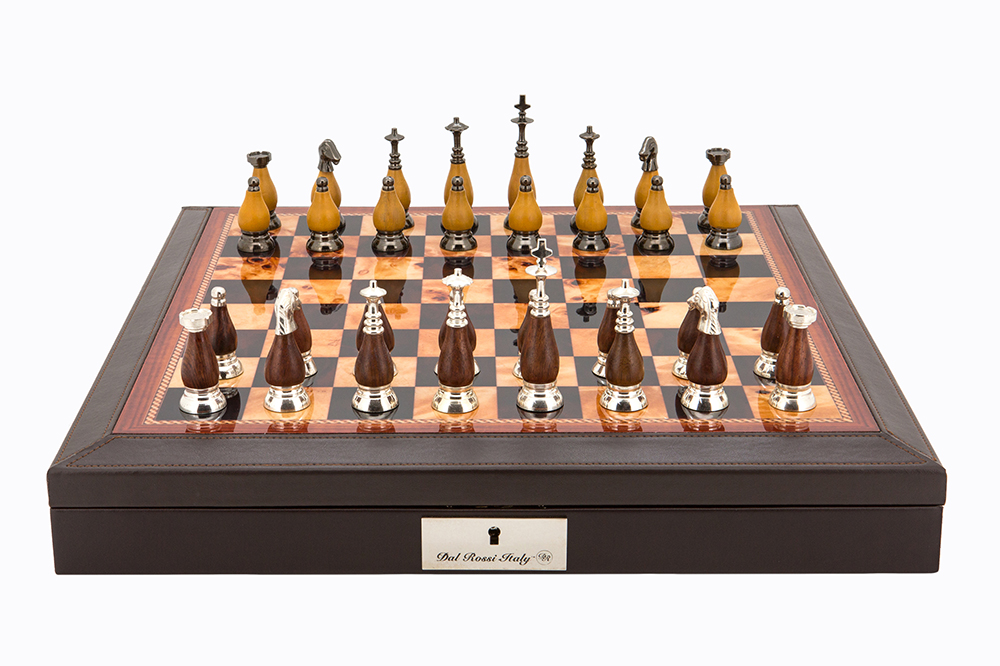 Dal Rossi Italy Brown PU Leather Bevilled Edge chess box with compartments 18" with Staunton Metal/Wood Chessmen