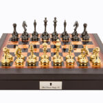 Dal Rossi Italy Brown PU Leather Bevilled Edge chess box with compartments 18" with Staunton Brass Titanium Cap Chessmen