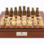 Dal Rossi Italy Walnut Finish chess box with lock & compartments 16” with Medieval Resin Chessmen
