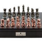 Dal Rossi Italy Chess Set with Diamond-Cut Copper & Bronze 85mm chessmen on a Carbon Fibre Shiny Finish Chess Box 16” with compartments