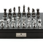 Dal Rossi Italy Chess Set with Diamond-Cut Titanium & Silver 85mm chessmen on a Carbon Fibre Shiny Finish Chess Box 16” with compartments