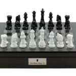 Dal Rossi Italy Chess Set with Diamond-Cut Black & White 85mm chessmen on a Carbon Fibre Shiny Finish Chess Box 16” with compartments