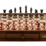 Dal Rossi Italy Chess Set with Diamond-Cut Copper & Bronze 85mm chessmen on a Walnut Finish Chess Box 16” with drawers