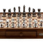 Dal Rossi Italy Chess Set with Diamond-Cut Titanium & Silver 85mm chessmen on a Walnut Finish Chess Box 16” with drawers