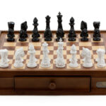 Dal Rossi Italy Chess Set with Diamond-Cut Black & White 85mm chessmen on a Walnut Finish Chess Box 16” with drawers