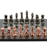 Dal Rossi Italy Chess Set with Diamond-Cut Copper & Bronze 85mm chessmen on a Carbon Fibre Shiny Finish Chess Board16”