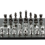 Dal Rossi Italy Chess Set with Diamond-Cut Titanium & Silver 85mm chessmen on a Carbon Fibre Shiny Finish Chess Board16”
