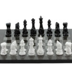 Dal Rossi Italy Chess Set with Diamond-Cut Black & White 85mm chessmen on a Carbon Fibre Shiny Finish Chess Board 16”