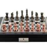 Dal Rossi Italy Black PU Leather Bevelled Edge chess box with compartments 18" with Diamond-Cut Copper & Bronze Finish Chessmen