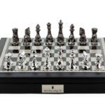 Dal Rossi Italy Black PU Leather Bevelled Edge chess box with compartments 18" with Diamond-Cut Titanium & Silver Finish Chessmen