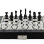 Dal Rossi Italy Black PU Leather Bevelled Edge chess box with compartments 18" with Diamond-Cut Black & White Finish Chessmen
