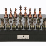 Dal Rossi Italy Carbon Fibre Finish chess box with compartments 16” With Antique Chessmen