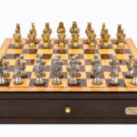Dal Rossi Italy Walnut Finish chess box with compartments 18" with Medieval Warriors Resin Chessmen