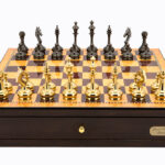 Dal Rossi Italy Walnut Finish chess box with compartments 18" with Staunton Brass Titanium Cap Chessmen