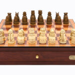 Dal Rossi Italy Red Mahogany Finish chess box with compartments 18" with Medieval Resin Chessmen