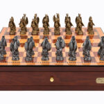Dal Rossi Italy Red Mahogany Finish chess box with compartments 18" with Dragon Pewter Chessmen