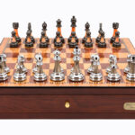Dal Rossi Italy Red Mahogany Finish chess box with compartments 18" with Staunton Metal/Marble Finish Chessmen