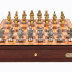 Dal Rossi Italy Red Mahogany Finish chess box with compartments 18" with Medieval Warriors Resin Chessmen