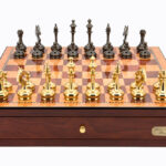 Dal Rossi Italy Red Mahogany Finish chess box with compartments 18" with Staunton Brass Titanium Cap Chessmen