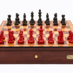 Dal Rossi Italy Red Mahogany Finish chess box with compartments 18" with French Lardy Black/Red 85mm Chessmen