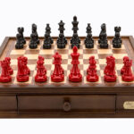Dal Rossi Italy chess box with drawers 16” with French Lardy Black/Red 85mm Chessmen