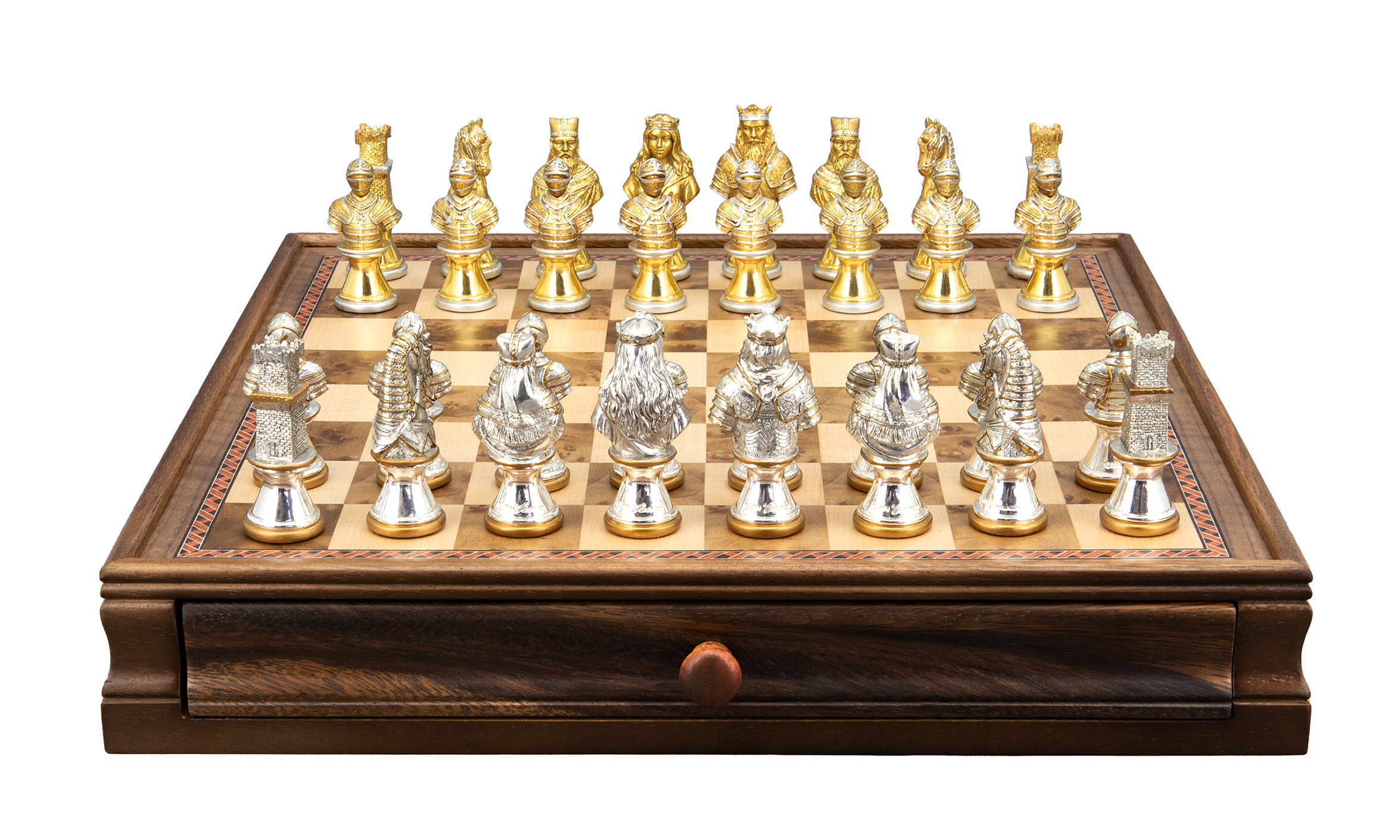Dal Rossi Italy, Medieval Warriors Metal Chessmen 85mm on a Walnut Box with Drawer 15"