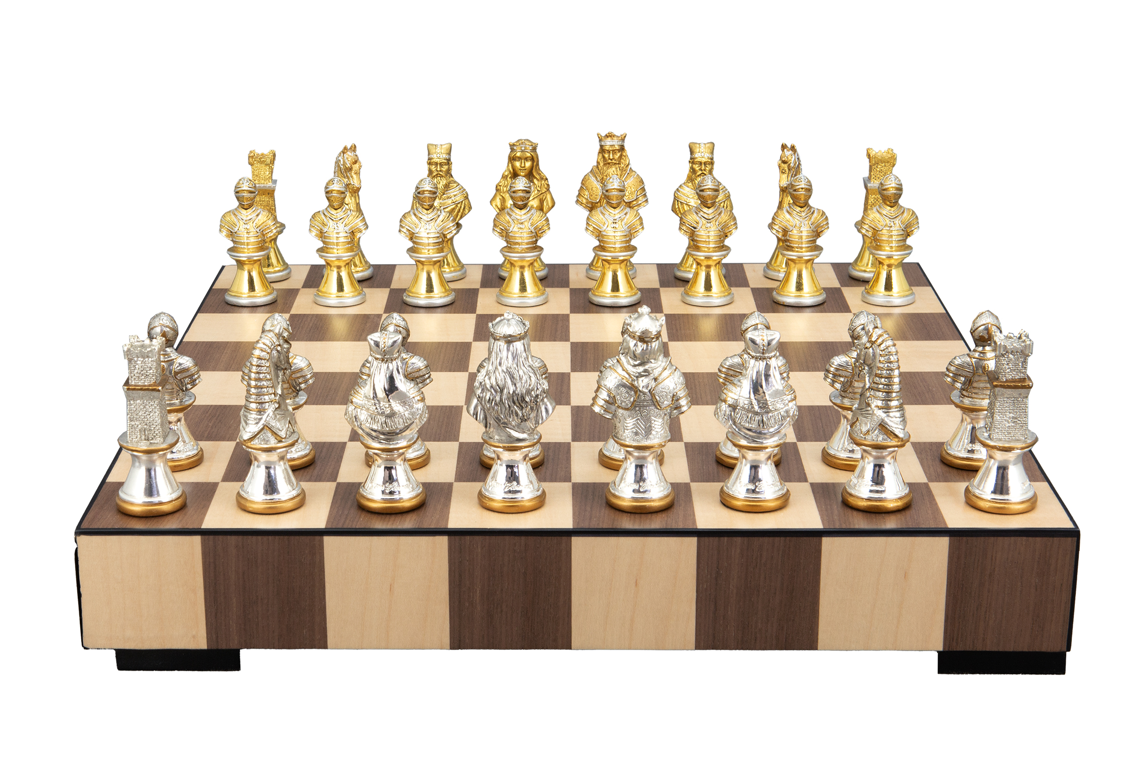 Dal Rossi Italy, Medieval Warriors Metal Chessmen 85mm on a Chess Set with Drawer 14"