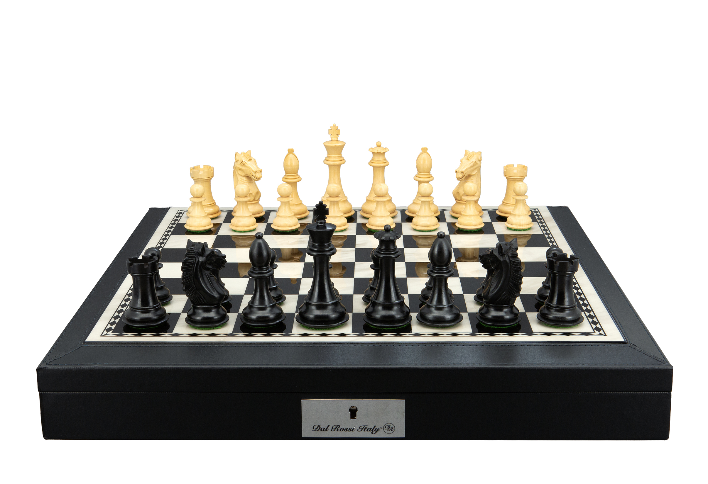 Dal Rossi Italy, Ebony Finish / Boxwood 95mm Wood Double Weighted on a Black PU Leather Bevelled Edge chess box with compartments 18"