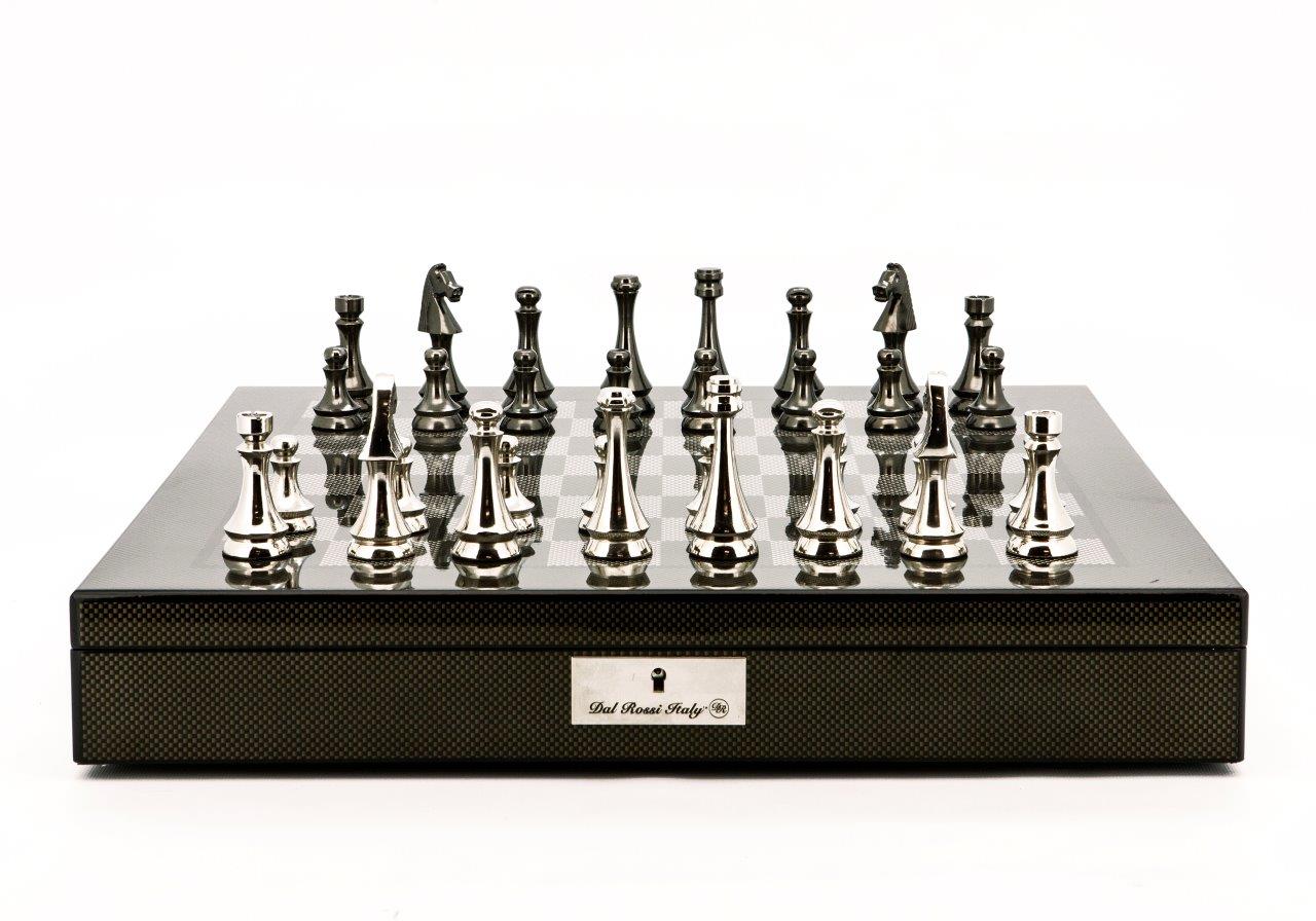 Dal Rossi Italy Chess Set Carbon Fibre Shinny Finish 20″ With Compartments, With Metal Dark Titanium and Silver chessmen 85mm