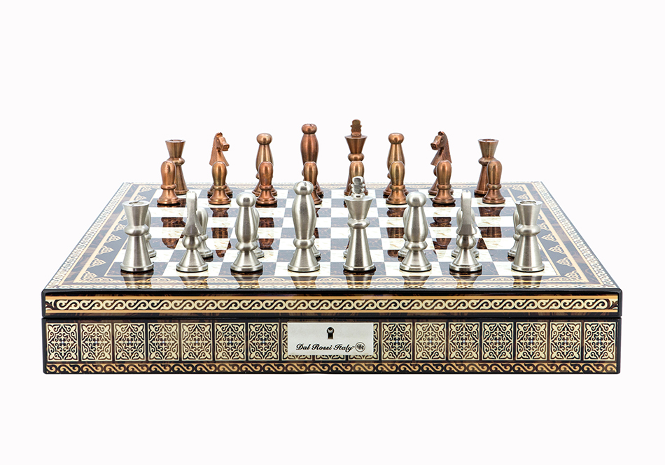Dal Rossi Italy Chess Set Mosaic Shinny Finish 20″ With Compartments, With Copper & Silver Weighted Metal Chess Pieces 85mm pieces